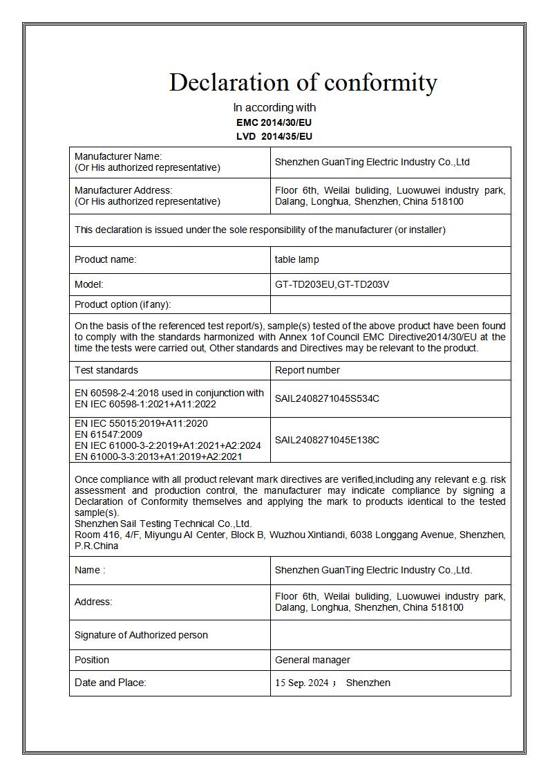 DOC of Table Lamp GT-TD203EU, GT-TD203V