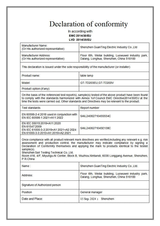 DOC of Table Lamp GT-TD203EU, GT-TD203V